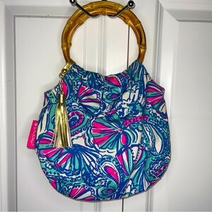 Lilly Pulitzer x Target Bamboo Handle Small Tote Bag Blue Paisley Print Tassel